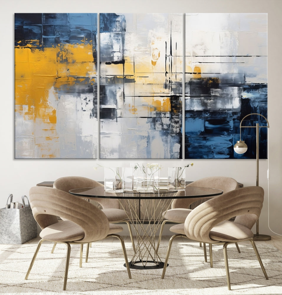 Blue Yellow Gray Abstract Painting, Large Canvas Art Print, Framed Modern Wall Decor