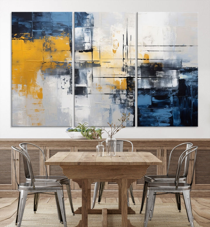 Blue Yellow Gray Abstract Painting, Large Canvas Art Print, Framed Modern Wall Decor