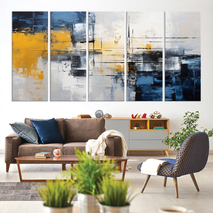 Blue Yellow Gray Abstract Painting, Large Canvas Art Print, Framed Modern Wall Decor