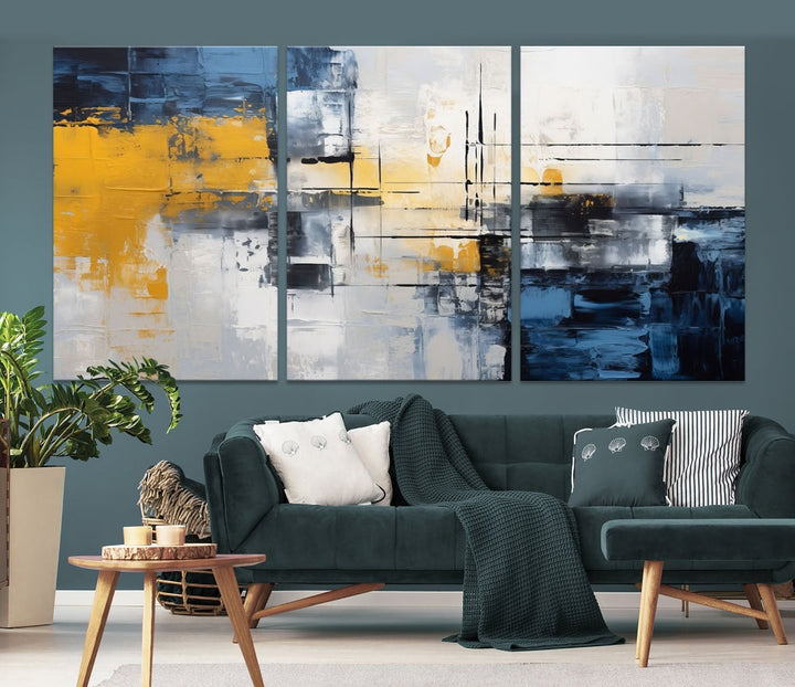 Blue Yellow Gray Abstract Painting, Large Canvas Art Print, Framed Modern Wall Decor