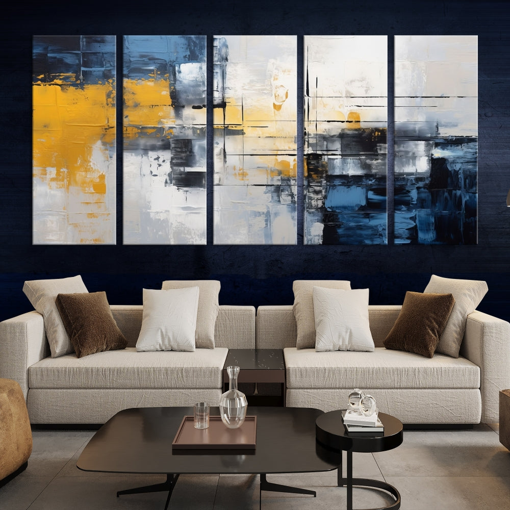 Blue Yellow Gray Abstract Painting, Large Canvas Art Print, Framed Modern Wall Decor