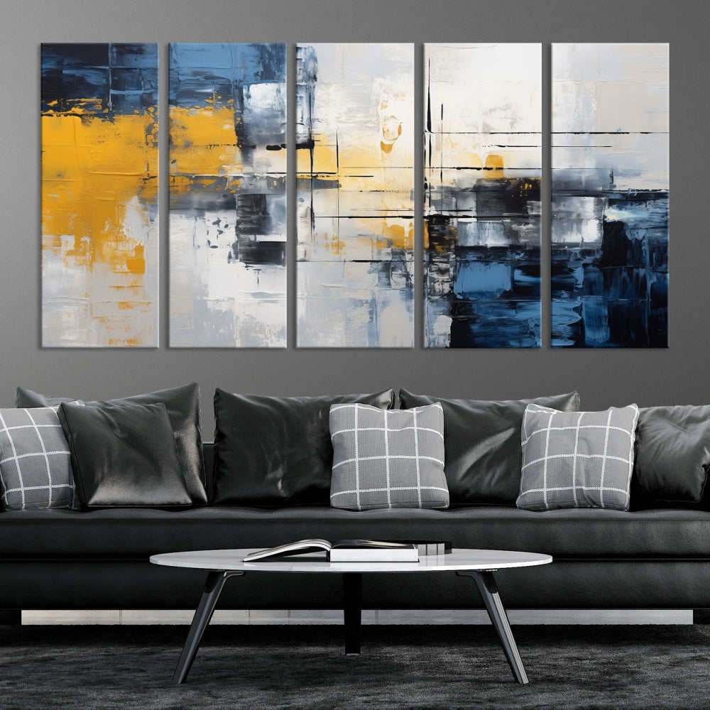 Blue Yellow Gray Abstract Painting, Large Canvas Art Print, Framed Modern Wall Decor