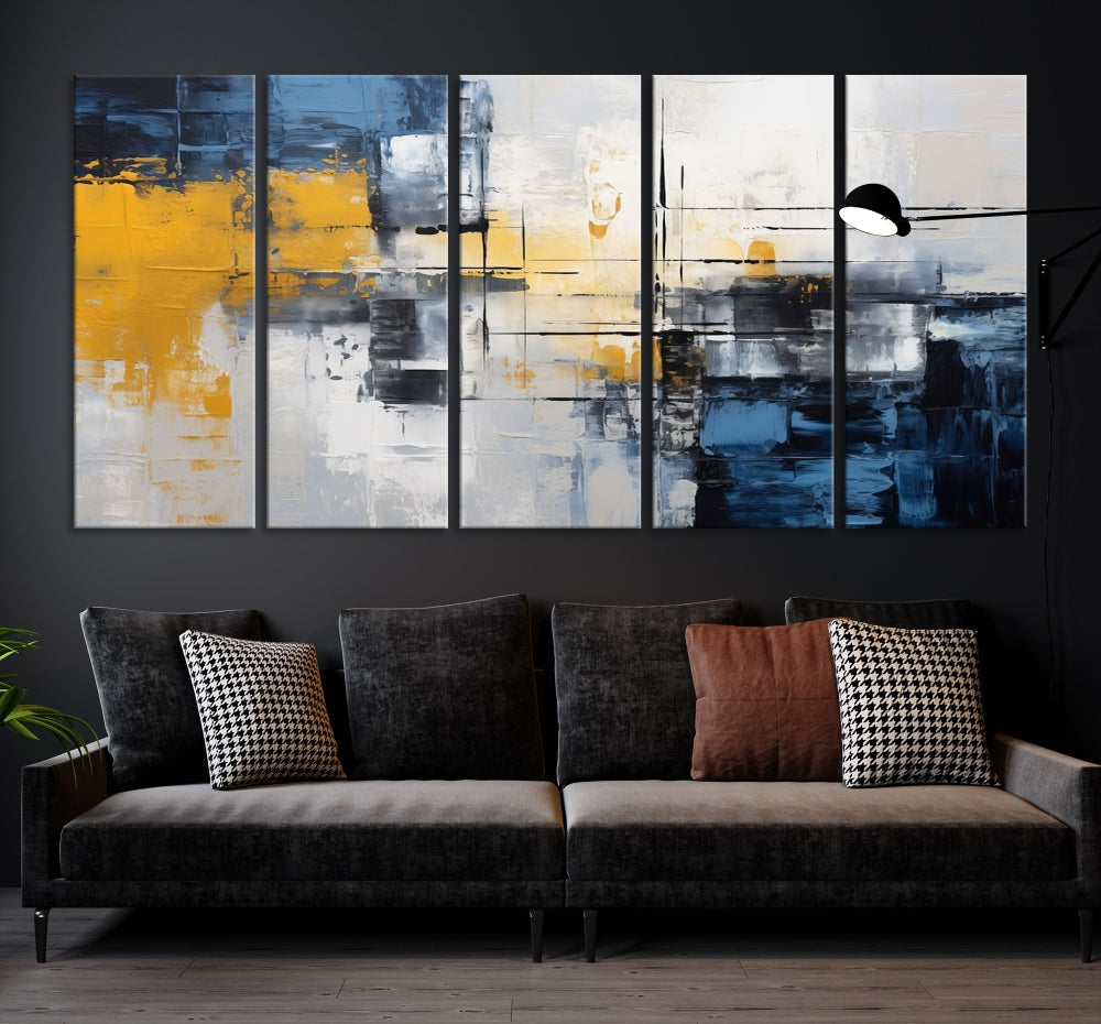 Blue Yellow Gray Abstract Painting, Large Canvas Art Print, Framed Modern Wall Decor