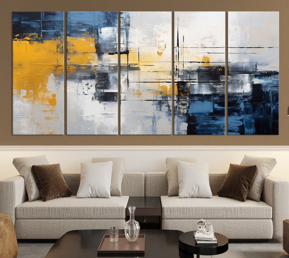 Blue Yellow Gray Abstract Painting, Large Canvas Art Print, Framed Modern Wall Decor