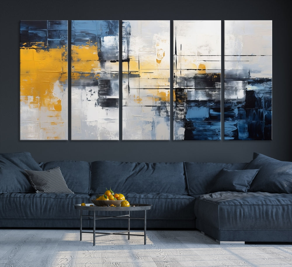 Blue Yellow Gray Abstract Painting, Large Canvas Art Print, Framed Modern Wall Decor