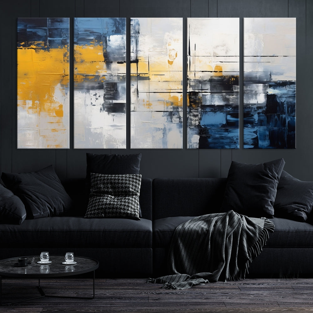 Blue Yellow Gray Abstract Painting, Large Canvas Art Print, Framed Modern Wall Decor