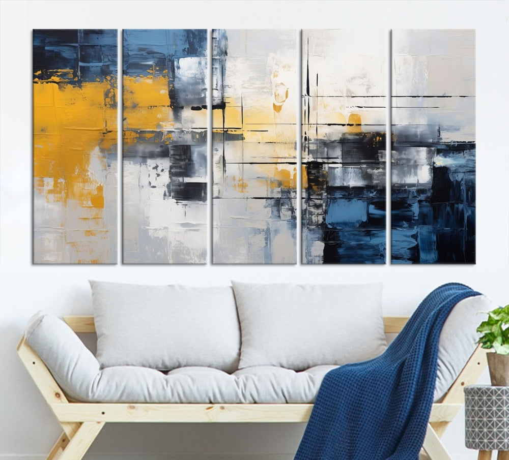 Blue Yellow Gray Abstract Painting, Large Canvas Art Print, Framed Modern Wall Decor