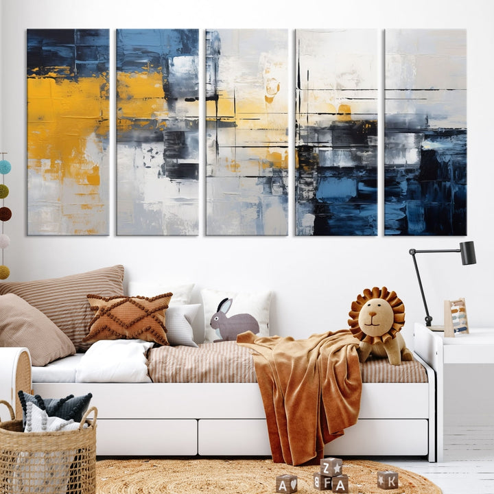 Blue Yellow Gray Abstract Painting, Large Canvas Art Print, Framed Modern Wall Decor