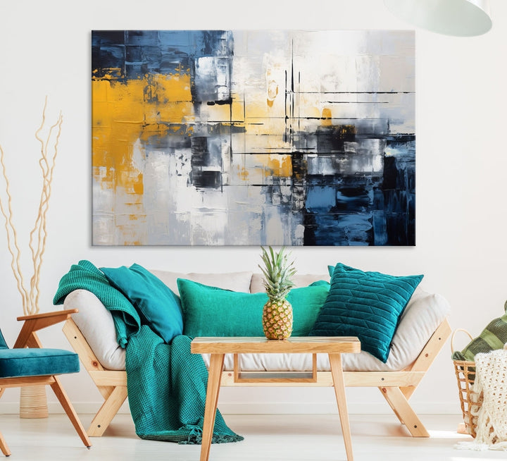 Blue Yellow Gray Abstract Painting, Large Canvas Art Print, Framed Modern Wall Decor