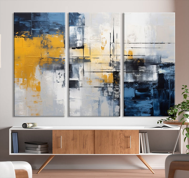 Blue Yellow Gray Abstract Painting, Large Canvas Art Print, Framed Modern Wall Decor