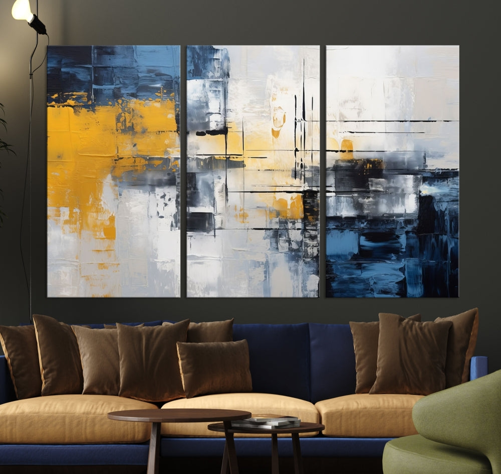 Blue Yellow Gray Abstract Painting, Large Canvas Art Print, Framed Modern Wall Decor