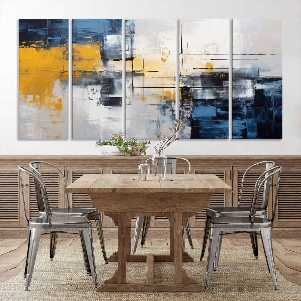 Blue Yellow Gray Abstract Painting, Large Canvas Art Print, Framed Modern Wall Decor