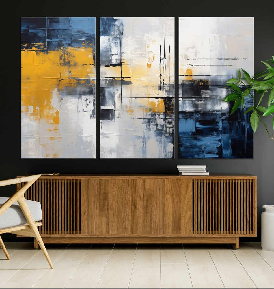 Blue Yellow Gray Abstract Painting, Large Canvas Art Print, Framed Modern Wall Decor