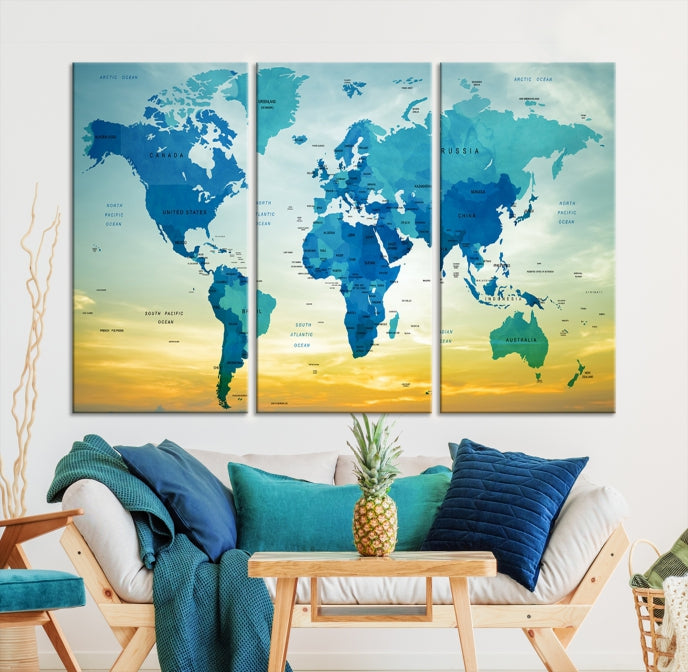 Blue Yellow World Map on Original Canvas Extra Large Wall Art Giclee Print