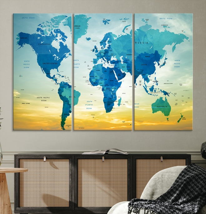 Blue Yellow World Map on Original Canvas Extra Large Wall Art Giclee Print