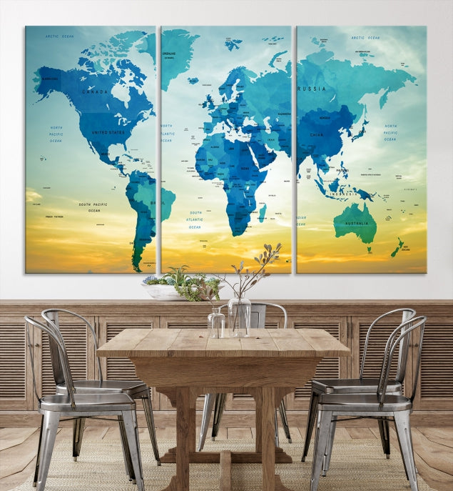 Blue Yellow World Map on Original Canvas Extra Large Wall Art Giclee Print