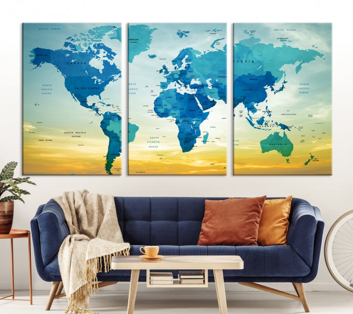 Blue Yellow World Map on Original Canvas Extra Large Wall Art Giclee Print