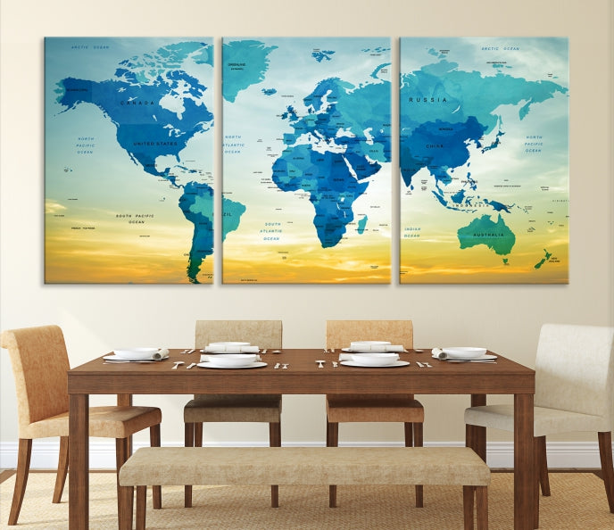 Blue Yellow World Map on Original Canvas Extra Large Wall Art Giclee Print