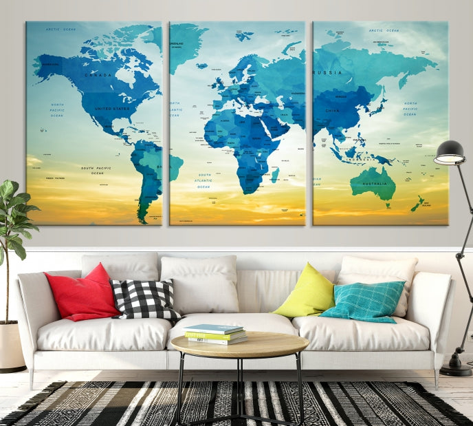 Blue Yellow World Map on Original Canvas Extra Large Wall Art Giclee Print