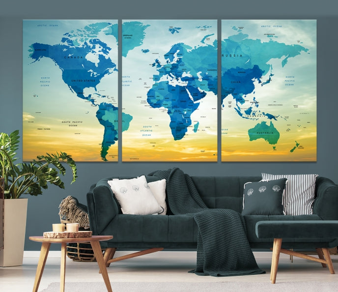 Blue Yellow World Map on Original Canvas Extra Large Wall Art Giclee Print