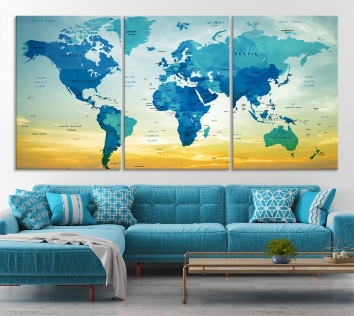 Blue Yellow World Map on Original Canvas Extra Large Wall Art Giclee Print