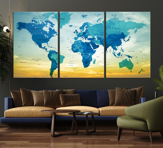 Blue Yellow World Map on Original Canvas Extra Large Wall Art Giclee Print