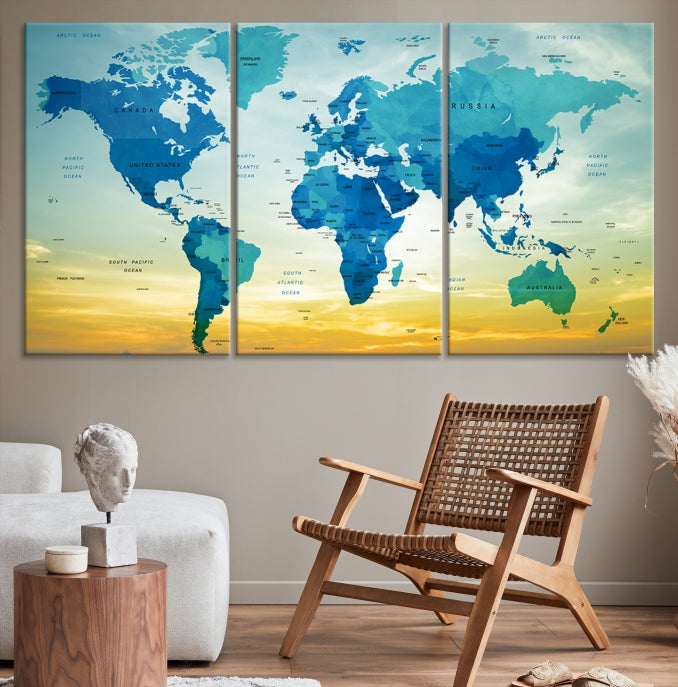 Blue Yellow World Map on Original Canvas Extra Large Wall Art Giclee Print