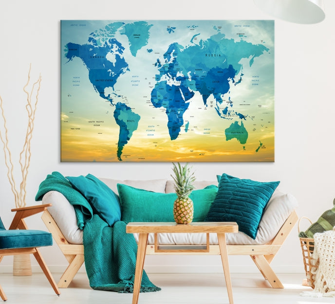 Blue Yellow World Map on Original Canvas Extra Large Wall Art Giclee Print