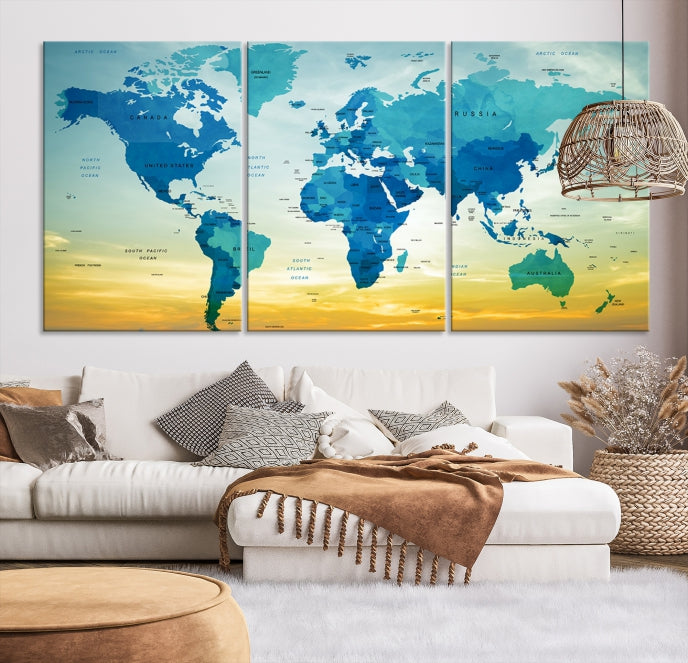 Blue Yellow World Map on Original Canvas Extra Large Wall Art Giclee Print