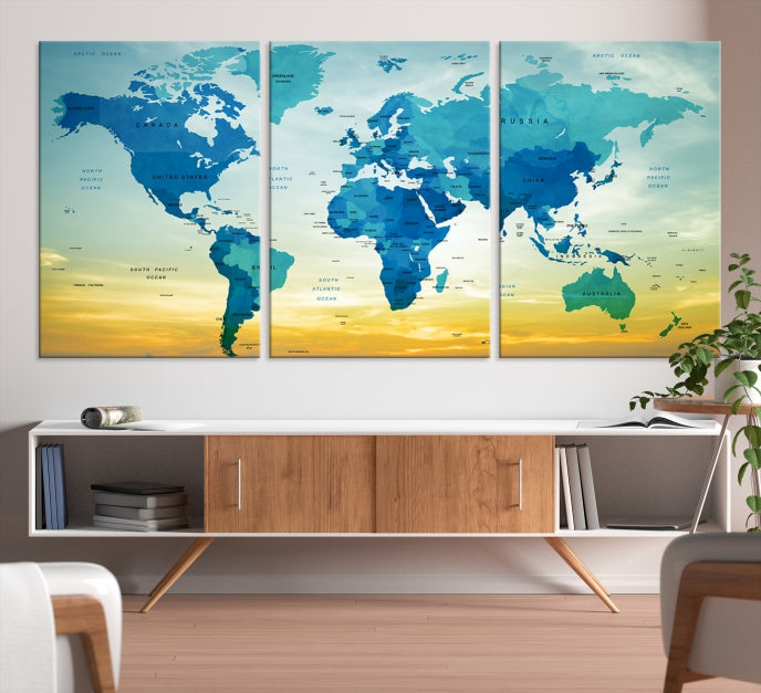 Blue Yellow World Map on Original Canvas Extra Large Wall Art Giclee Print