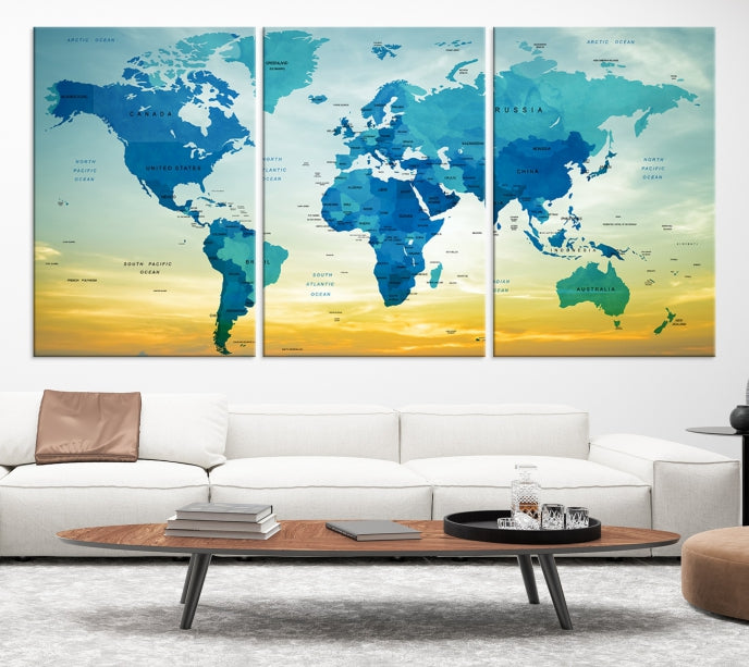 Blue Yellow World Map on Original Canvas Extra Large Wall Art Giclee Print