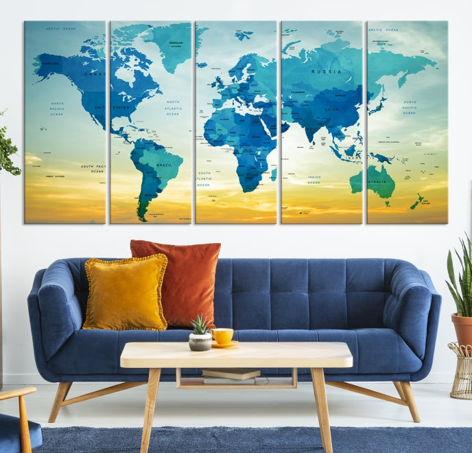 Blue Yellow World Map on Original Canvas Extra Large Wall Art Giclee Print