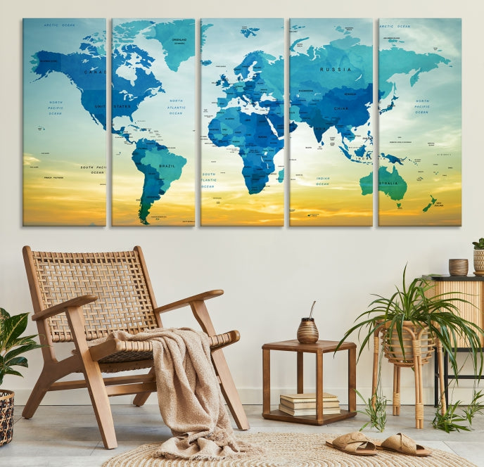 Blue Yellow World Map on Original Canvas Extra Large Wall Art Giclee Print