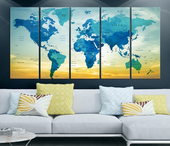 Blue Yellow World Map on Original Canvas Extra Large Wall Art Giclee Print