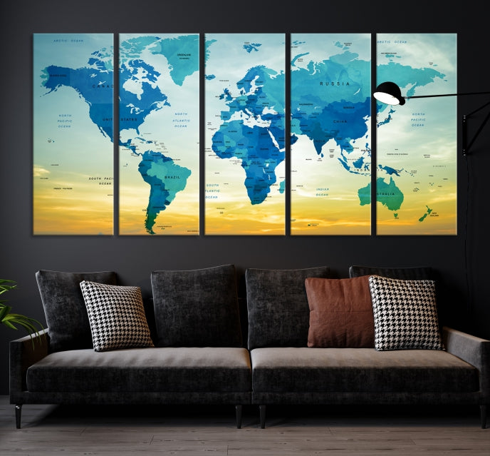 Blue Yellow World Map on Original Canvas Extra Large Wall Art Giclee Print