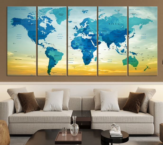 Blue Yellow World Map on Original Canvas Extra Large Wall Art Giclee Print