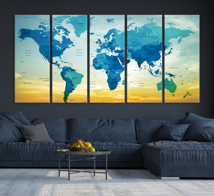 Blue Yellow World Map on Original Canvas Extra Large Wall Art Giclee Print