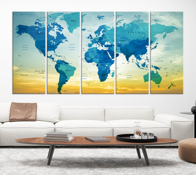 Blue Yellow World Map on Original Canvas Extra Large Wall Art Giclee Print