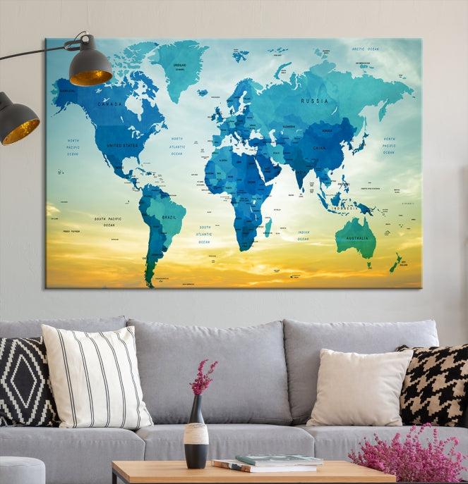 Blue Yellow World Map on Original Canvas Extra Large Wall Art Giclee Print