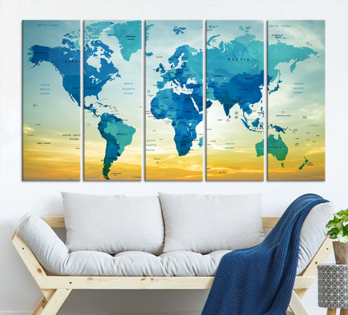 Blue Yellow World Map on Original Canvas Extra Large Wall Art Giclee Print