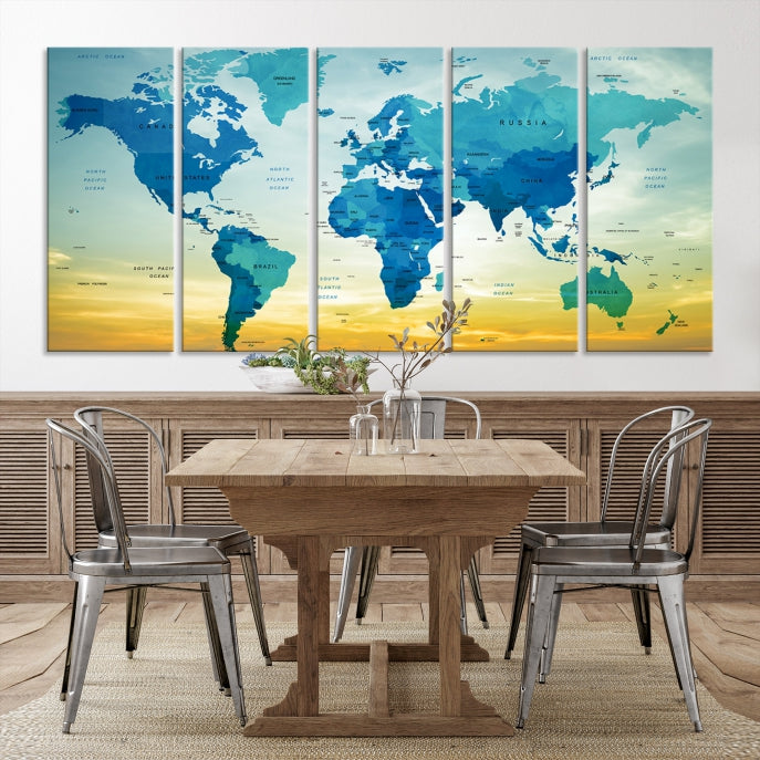 Blue Yellow World Map on Original Canvas Extra Large Wall Art Giclee Print