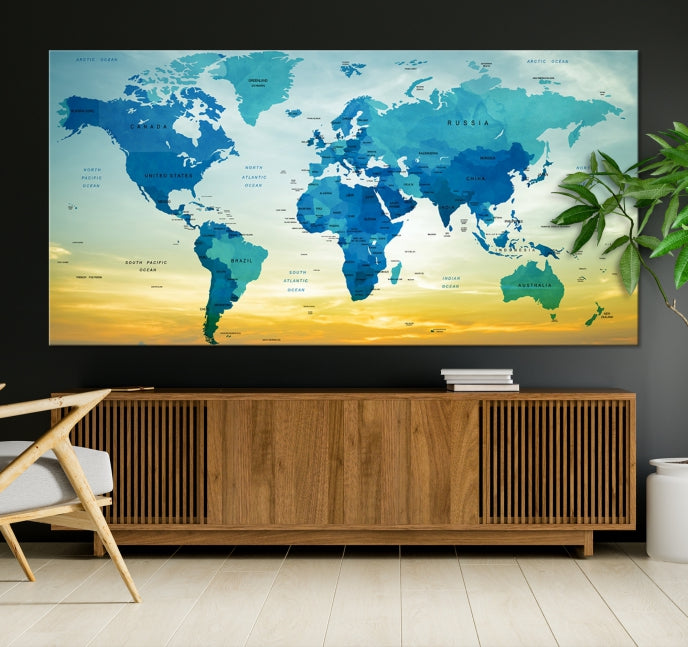 Blue Yellow World Map on Original Canvas Extra Large Wall Art Giclee Print