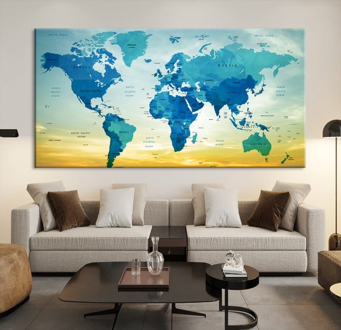 Blue Yellow World Map on Original Canvas Extra Large Wall Art Giclee Print