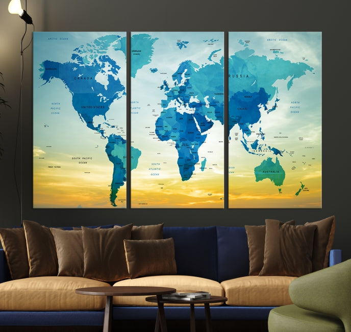 Blue Yellow World Map on Original Canvas Extra Large Wall Art Giclee Print