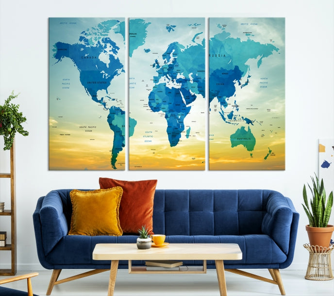 Blue Yellow World Map on Original Canvas Extra Large Wall Art Giclee Print