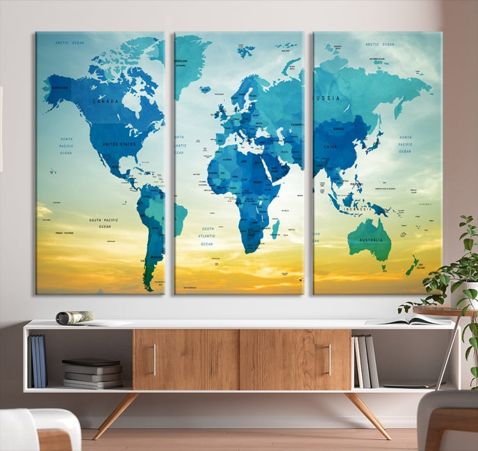 Blue Yellow World Map on Original Canvas Extra Large Wall Art Giclee Print