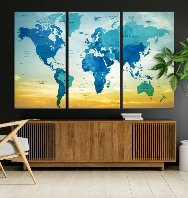 Blue Yellow World Map on Original Canvas Extra Large Wall Art Giclee Print