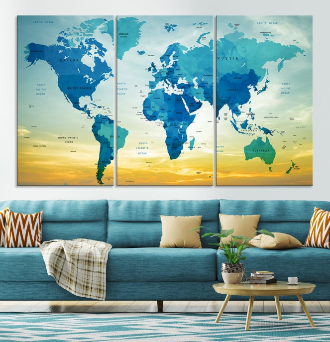 Blue Yellow World Map on Original Canvas Extra Large Wall Art Giclee Print