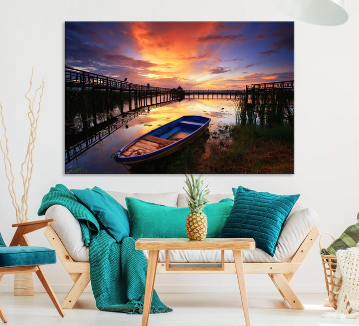 Boat and Sunset Lake Landscape Large Wall Art Canvas Giclee Print