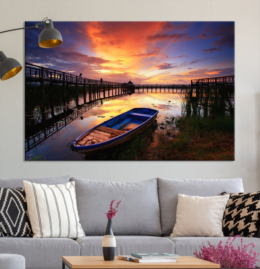 Boat and Sunset Lake Landscape Large Wall Art Canvas Giclee Print